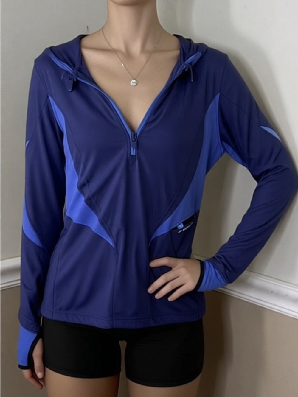Brooks Navy and Royal Blue Hooded Half-Zip Performance Pullover